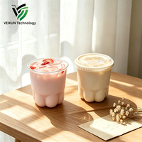 Gobelet transparent en PET de qualité alimentaire, anti-transpiration, à bord lisse, design patte de chat, style Instagram, pour café, salon de thé, boba