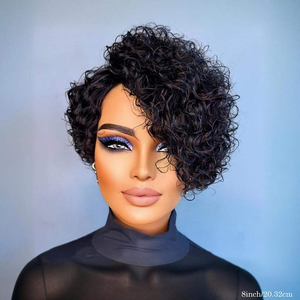 Perruques de cheveux brésiliens bouclés crépus Pixie Cut perruques bouclées à couches courtes pour femmes noires avec une <span class=keywords><strong>frange</strong></span> complète sans colle faite à la machine - Product Image 1