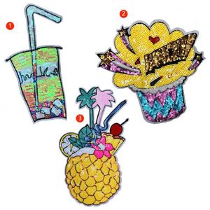 Parche de lentejuelas bordado de gran tamaño, serie amarilla Kawaii, con motivos de piña, bebidas y palomitas de maíz, para coser o termoadhesivo, para camisetas y sudaderas con capucha - Product Image 1