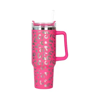 Vente en gros 1200ml imprimé léopard 40oz tasses à café sous vide tasse de voiture thermos isolée en acier inoxydable avec poignée gobelet de voyage de voiture