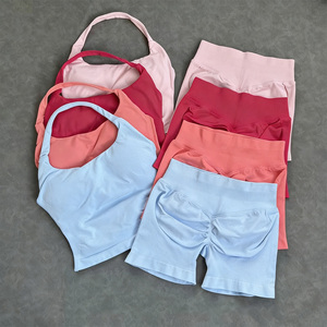 Ensembles de <span class=keywords><strong>sport</strong></span> et de fitness <span class=keywords><strong>sans</strong></span> <span class=keywords><strong>couture</strong></span> personnalisés en gros, débardeur halter, short de <span class=keywords><strong>sport</strong></span> à effet push-up, <span class=keywords><strong>ensemble</strong></span> de yoga respirant à séchage rapide - Product Image 4