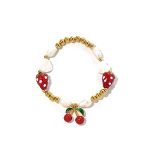 Cute Fine <b>Beaded</b> Pearl <b>Bracelet</b> with Strawberry and Cherry Charms <b>Gold</b> Plated Stainless Steel Women's Jewelry - Product Image 1