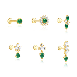 Gold S925 Silver Flat Back Piercing <b>Stud</b> with Natural Green Chalcedony Drop and Tassel Cartilage <b>Helix</b> Jewelry - Product Image 1