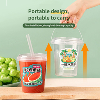 Seau en plastique jetable épais en PP avec logo personnalisé, écologique, 1000 ml, qualité alimentaire, pour thé au lait Boba, fruits, avec poignée et couvercle plat