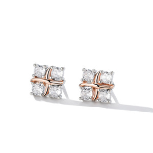 Stud Earrings S925 Silver Two Tone Four Diamond Geometric Design For Men And Women - Product Image 1