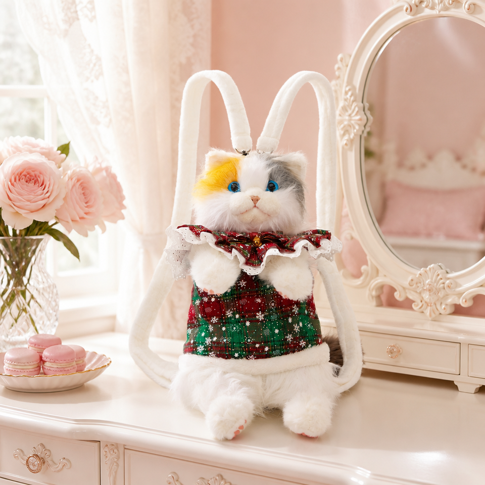 Kawaii Realistic Calico Cat Plush Backpack Fluffy Faux Fur Animal ...