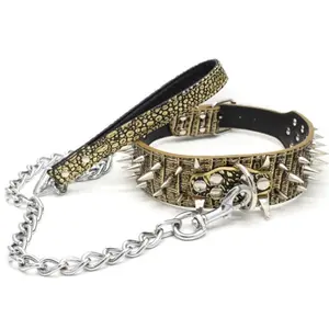 PU leather Studded Spiked dog collar with Rivet Metal Dog Chain Leash Combo