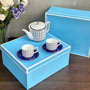 Service à thé en porcelaine bleue de style nordique minimaliste de haute qualité, motif circulaire, comprenant soucoupe et tasse à café - Céramique royale pour - Product Image 1