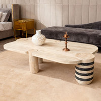 Nouvelle arrivée, table basse en marbre beige travertin mélangé à du marbre noir, meubles en pierre uniques, salon de luxe