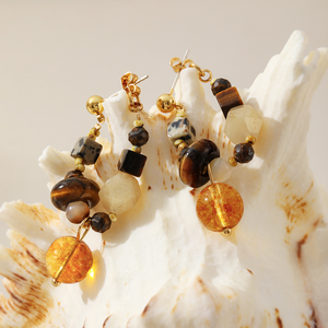 Orecchini Pendenti da <span class=keywords><strong>Donna</strong></span> con Pietre Naturali, Placcati in Oro 18K, con Occhio di Tigre e Pietre Maculate, per Ragazze - Product Image 1