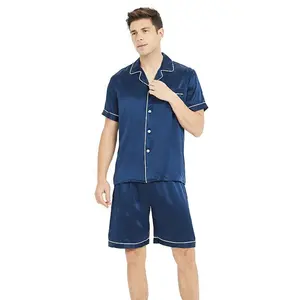 Mannen Pyjama Korte Mouwen Effen Comfortabele Nachtkleding Mens 100% Zijde Pyjama Set Paar Satijn Nachtkleding Set