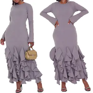 D8623 New Chic Solid Color Multi Layered Ruffled Long Sleeve Wrapped Hip Fall Maxi Elegant Women'S Dress In Stock