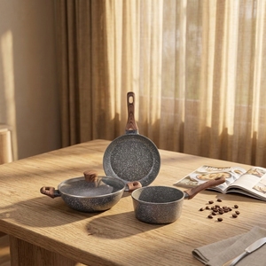 Ensemble de poêles classiques en aluminium gris antiadhésives, saines et sûres, compatibles avec les plaques à induction, logo personnalisé, matériau en granit pour la cuisine à domicile - Product Image 1