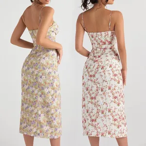 Оптовая продажа от производителя HL, платье миди с цветочным принтом и низким вырезом на груди, женское весеннее платье с завышенной талией на заказ, Гавайское пляжное платье