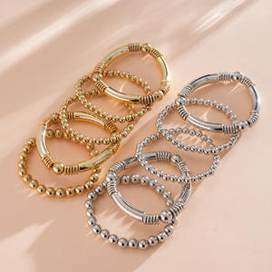 Juego de 5 Pulseras Elásticas con Cuentas Redondas para Mujer, Textura Metálica, Accesorios de Mano Elegantes, Pulseras Apilables a la Moda - Product Image 4