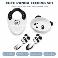 Ensemble d'alimentation pour bébé en silicone en forme de panda plaque d'aspiration cuillère fourchette bavoir de qualité alimentaire sans BPA enfant en bas âge sevrage vaisselle