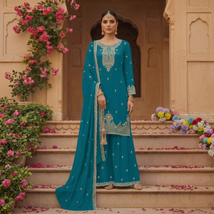 Salwar Kameez en soie turquoise brodé pour femmes avec dupatta, tenue traditionnelle indienne et pakistanaise, longueur au sol, coupe classique - Product Image 1