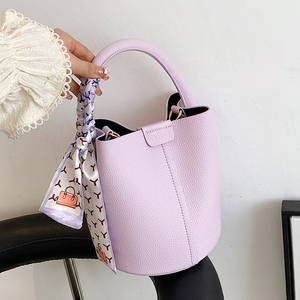 Pebbled Leather Bohemian Bucket Handbag with Scarf Removable Cross-Body Strap Large Capacity Women's Daily Use Shoulder <b>Purse</b> - Product Image 2