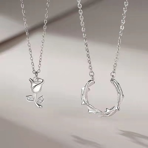 Thorns And Roses Couple Necklace Floral Pendant Silver Chain Valentine Gift QLXL 006 - Product Image 4