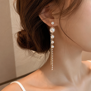Pendientes Largos de Perlas con Diamantes Simulados, Pendientes de Borla con Perlas, Pendientes Largos de Perlas Chapados en Oro para Mujer - Product Image 5