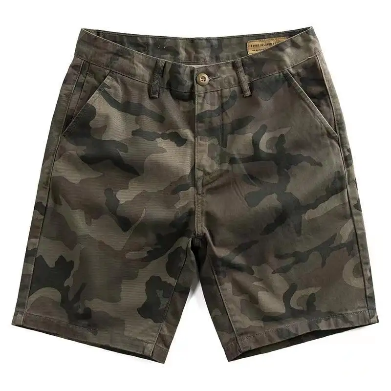 High quality men's jeans with anti fading style and anti-static pocket splicing washed camouflage denim shorts