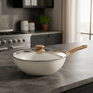 Wok en céramique de haute qualité, revêtement marbré antiadhésif, forgé, avec couvercle en verre et poignée en bois, 28 cm, pour cuisinière à gaz et à induction - Product Image 6