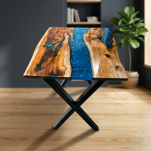 High-End Blue <b>Epoxy</b> <b>Resin</b> Dining <b>Table</b> – Solid Wood Luxury Furniture with Modern Metal Legs - Product Image 2