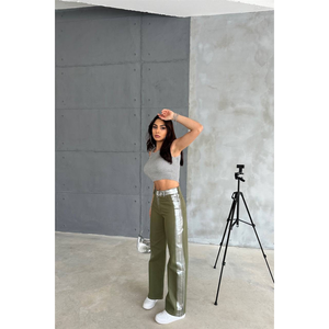 Pantalon palazzo en gabardine kaki pour femme, taille haute, respirant, style décontracté, pantalon hip-hop avec fermeture élastique à la taille - pour filles - Product Image 5