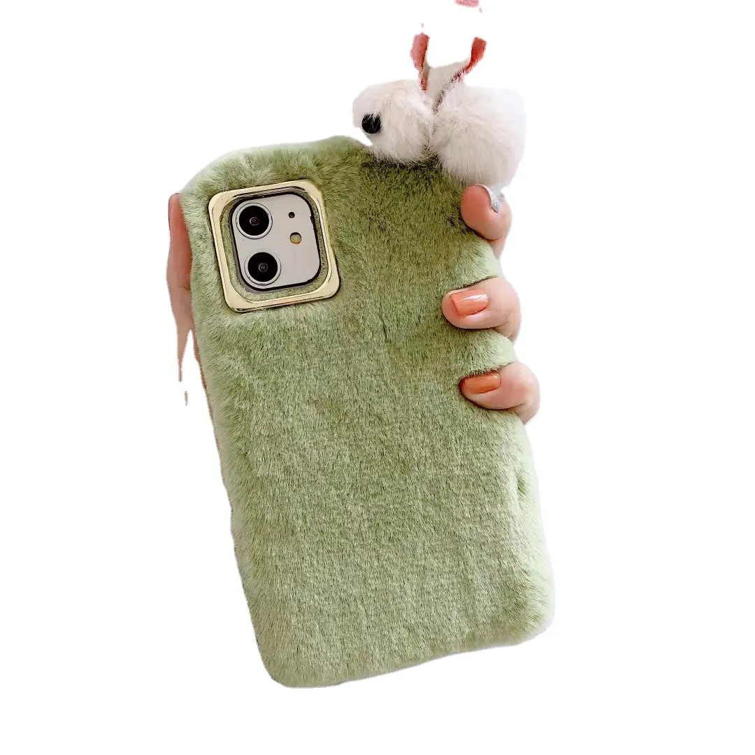 Fashion Cute Bunny Cartoon Animal 3D Stuffed Rabbit Short Plush Fur Soft Phone Case for iPhone 12 / for Samsung Note 20 Ultra