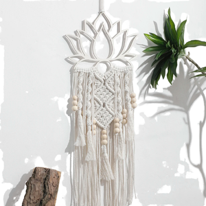 Tapiz de macramé bohemio hecho a mano, tejido a mano con cuerda de algodón y cuentas de loto azul <span class=keywords><strong>para</strong></span> decoración del hogar. - Product Image 1