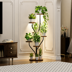Baumförmiger LED-Pflanzenständer mit 10 weißen Töpfen, modernes Bibliotheks-Styling, hoher Holz-Metall-Präsentationsständer für Wohnzimmer und Nachttischfenster - Product Image 6