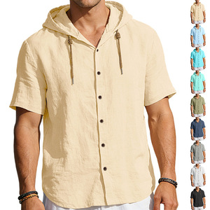 Camisa de Lino con Capucha para Hombre, Manga Corta, Transpirable, Corte Holgado, Informal, Ligera, con Cordón Ajustable - Product Image 1