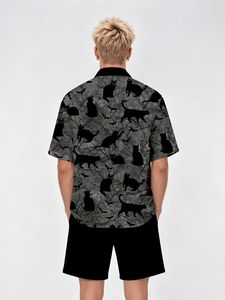 Camicia da uomo <span class=keywords><strong>a</strong></span> maniche corte <span class=keywords><strong>con</strong></span> stampa all-over di gatti neri e pipistrelli, stile vintage scuro, collo cubano, vestibilità ampia, casual, per Halloween, vacanze e spiaggia - Product Image 3