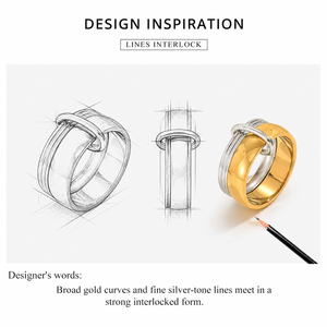Bague à nœud bicolore en acier inoxydable plaqué or 14K sous vide, large bande entrelacée avec détail nervuré argenté - Product Image 2