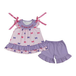 Ensembles Prêts à Expédier pour Bébés Filles : Tunique Broderie Lettres Sans Nœuds et Shorts à Volants - Product Image 1