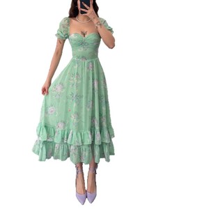 Robe de soirée pour femme en mousseline de soie à imprimé floral de style français, col carré, taille empire, plusieurs couches, respirante, printemps-automne - Product Image 5