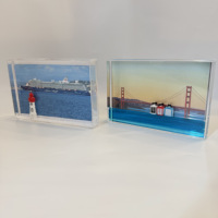 Cadre photo liquide rectangulaire en acrylique 10*15CM, bleu, avec figurines 3D de poisson, bateau et phare, flocons de neige flottants et paillettes, souvenir