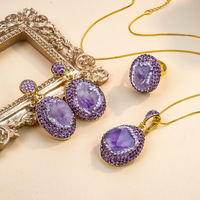 Parure de bijoux trois pièces vintage en améthyste brésilienne et alliage, boucles d'oreilles, bague et collier, pour femme, idéale pour les soirées, luxe léger, haut de gamme, transfrontalier