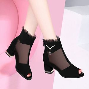 <b>Women</b> Fish-mouth Hollow-out <b>Sandals</b> Chunky High Heels Korean Version Versatile Cool Boots Mesh and Fine Velvet Shoes - Product Image 1