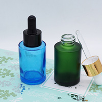Flacons compte-gouttes en verre de luxe de 10 ml, à épaule plate, vert dépoli et bleu transparent, 1 oz
