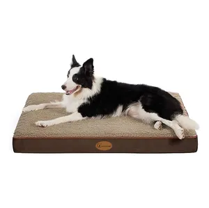 Fournisseurs indestructible chocolat rectangle orthopédique apaisant lit pour chien résistant à la mastication tapis pour animaux de compagnie lit taille moyenne avec oreiller drap