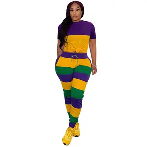 Party Supplier Adult Mardi Gras Day Short Sleeves Shirts And Pants 2pc Set Green Yellow And Purple Apparel For Women