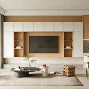 Meuble TV mural contemporain personnalisé Balom, panneau en bois et armoire de rangement, système multimédia minimaliste pour salon - Product Image 1