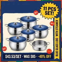 Ensemble de casseroles vapeur en acier inoxydable léger et écologique, 6 pièces, 28, 30, 32, 34, 36 cm, avec grille vapeur et couvercle en verre bleu, pour la cuisine à domicile
