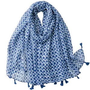 Bufanda ligera de verano de estilo bohemio de fabricante, chal de lino, estampado geométrico retro étnico femenino con flecos