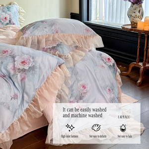 European Style Luxury Jardin Monet Big Flower Printed <strong>Ruffled</strong> 100% Cotton Eco-Friendly 300tc;600s 4-Piece <strong>Bed</strong> Sheet <strong>Set</strong> - Product Image 5