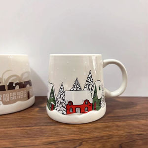 Venta caliente lindo dibujos animados Beige verde <span class=keywords><strong>pueblo</strong></span> nieve árbol invierno casa Navidad decoración cerámica saludo café agua taza conjunto - Product Image 3