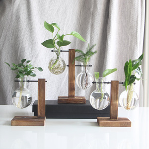 Vaso de Flores Hidropônico Criativo com Estrutura de Madeira, Vaso de Vidro Transparente para Plantas Pothos, Decoração de Mesa, Acessórios para Decoração de Casa - Product Image 1
