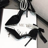 Nouveauté 2024 Sandales d'Été à Talons Aiguilles Fins et Boucle Unique, Talon Haut Stiletto Mode Femme Noir Bout Pointu Nœud, Vente en Gros