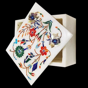 Joyero rectangular de mármol blanco hecho a mano de lujo de 4 pulgadas con trabajo de incrustación intrincado multicolor elegante piedra Natural - Product Image 3